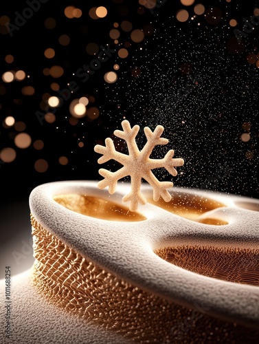 Festive dessert topped with a snowflake against a blurred, sparkling background, perfect for winter celebrations. photo