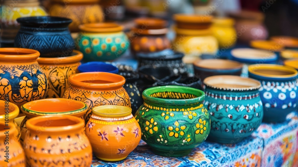 Handcrafted Indian pottery in a vibrant display, no people, and ample space for captions or design. Handcrafted Indian pottery in a vibrant display, no people, and ample space for captions or design.