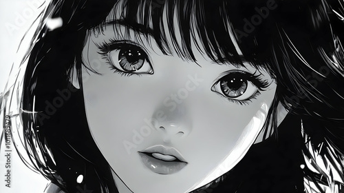 Black and White Anime Illustration of a Woman's Face photo