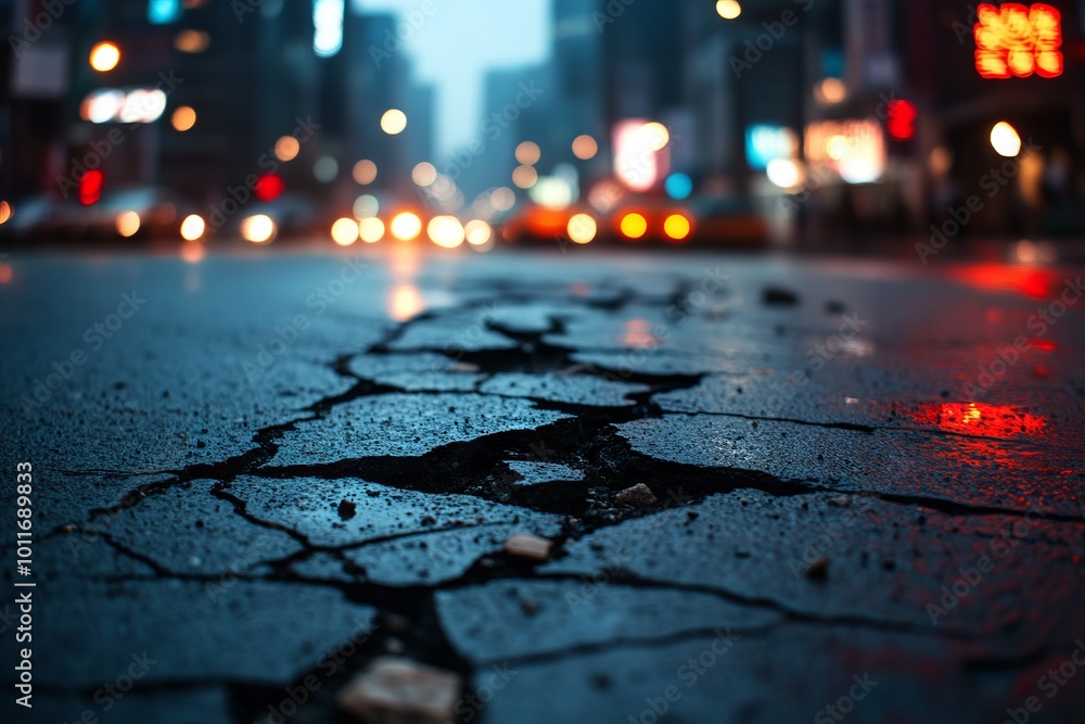 Urban Cracks at Dusk in Downtown Seoul. AI generated illustration Urban Cracks at Dusk in Downtown Seoul. AI generated illustration