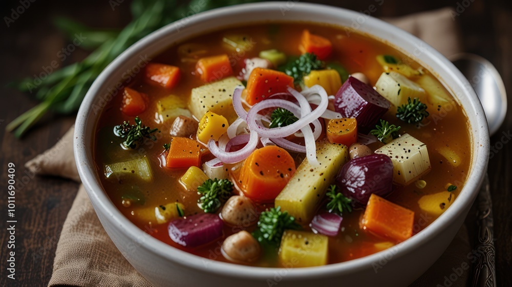 A bowl of hearty vegetable soup with chickpeas, carrots, potatoes, beets, and onions, garnished with parsley and a sprinkle of black pepper. A bowl of hearty vegetable soup with chickpeas, carrots, potatoes, beets, and onions, garnished with parsley and a sprinkle of black pepper.