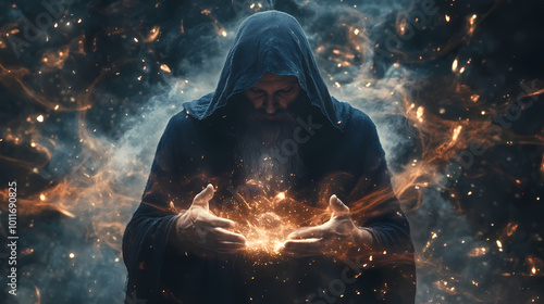 Portray a mystical sorcerer casting spells of enchantment, weaving together ancient incantations to shape the fabric of reality. sorcerer. illustration. Sorcerer's Spell. Illustration