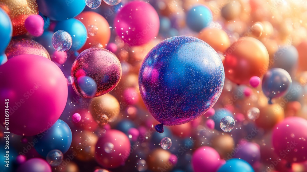 Colorful array of glittering balloons floating in vibrant celebration atmosphere during daytime Colorful array of glittering balloons floating in vibrant celebration atmosphere during daytime