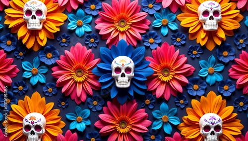 Colorful Day of the Dead Día de los Muertos Skull Geometric Pattern Floral Cultural Tribute photo