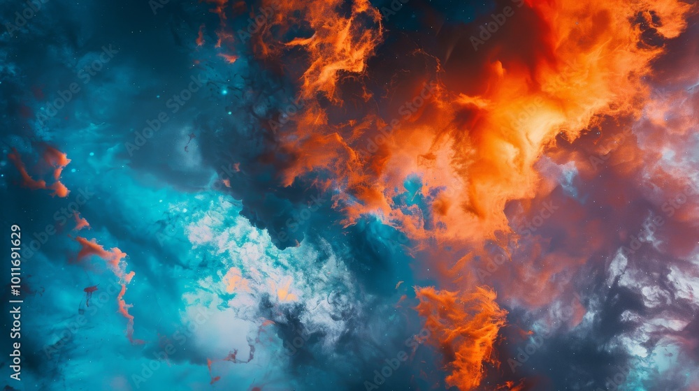 Vibrant clouds in blazing orange and calm blue hues create a dramatic sunset sky, resembling a fiery dance between tranquility and intensity. Vibrant clouds in blazing orange and calm blue hues create a dramatic sunset sky, resembling a fiery dance between tranquility and intensity.