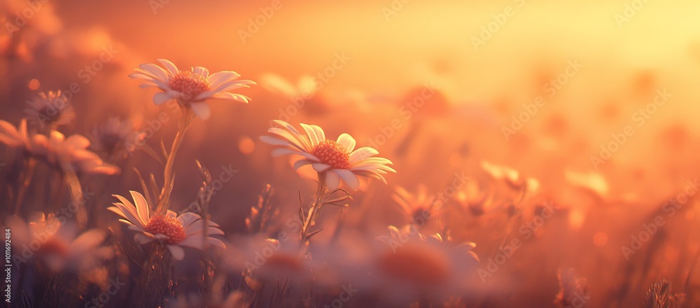 Daisies in Sunset Glow Creating a Dreamy Atmosphere. AI generated illustration Daisies in Sunset Glow Creating a Dreamy Atmosphere. AI generated illustration
