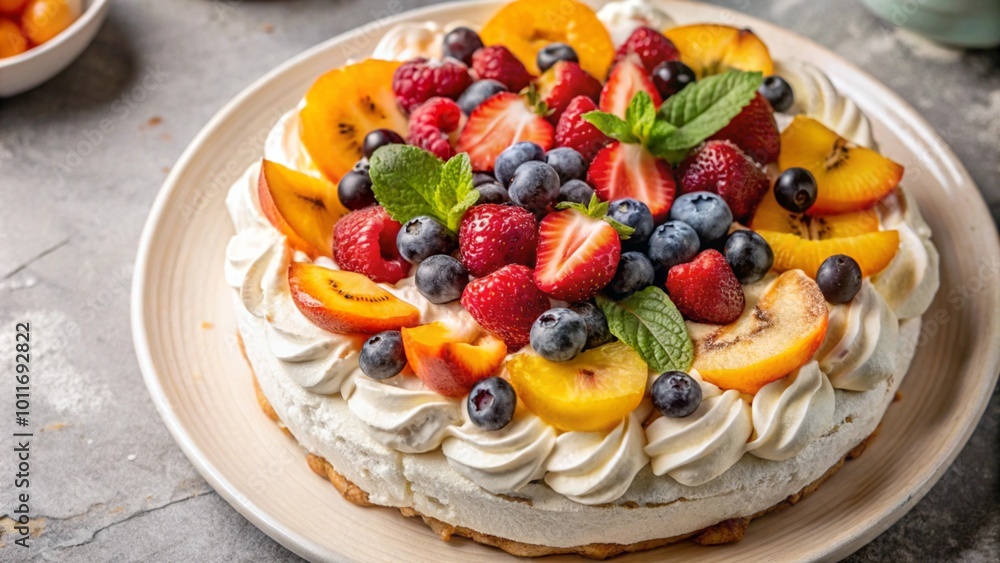 Delicious fruit cake with whipped cream, strawberries, raspberries, blueberries, peaches and mint leaves on top. Delicious fruit cake with whipped cream, strawberries, raspberries, blueberries, peaches and mint leaves on top.