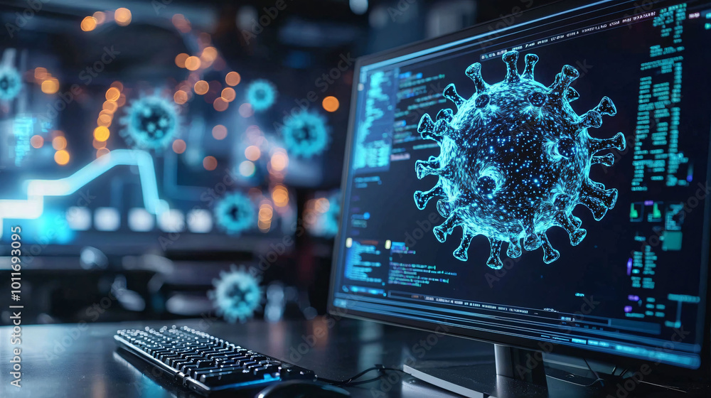 Obraz premium computer displays digital representation of virus, showcasing intricate details and data analysis. background features tech environment, enhancing theme of digital health and technology