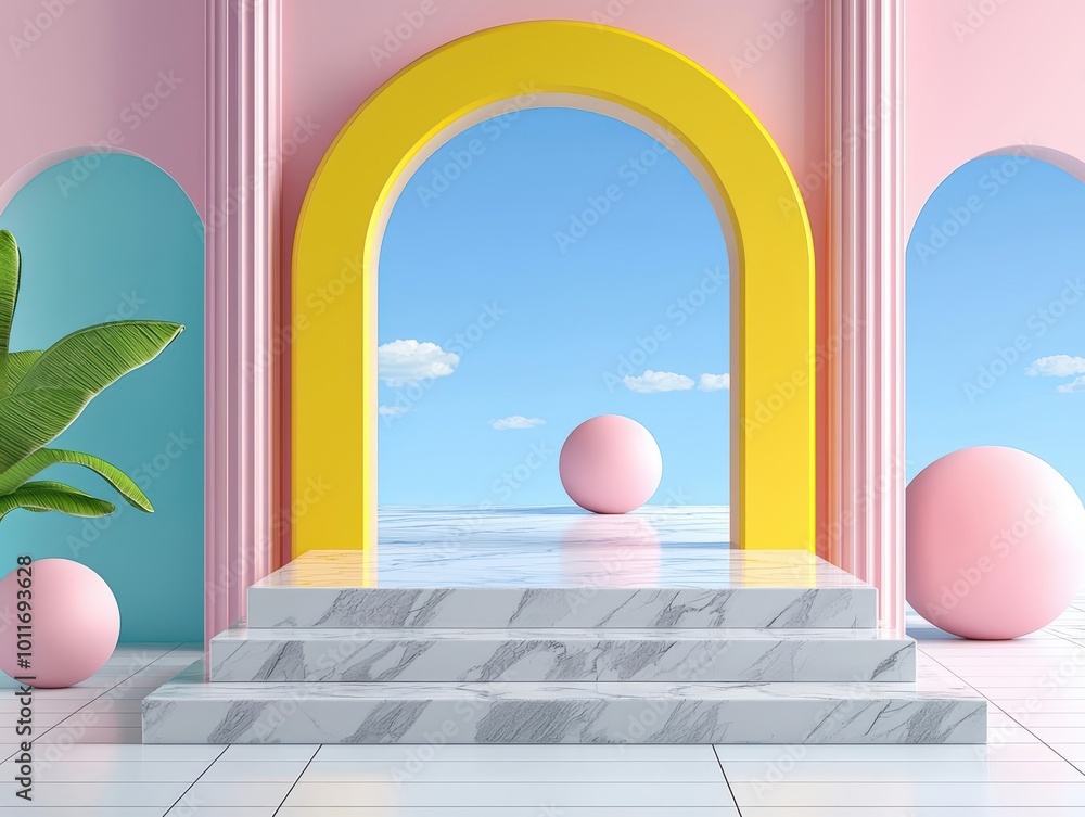 Vibrant architectural scene with colorful arches, geometric shapes, and a bright sky creating a lively atmosphere. Vibrant architectural scene with colorful arches, geometric shapes, and a bright sky creating a lively atmosphere.