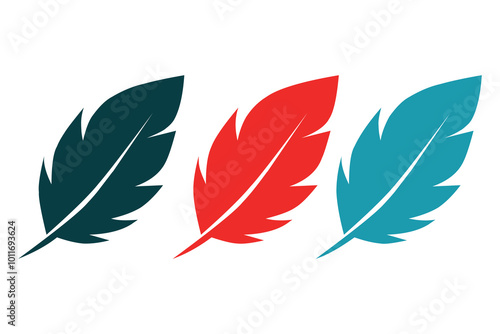 three stylized feathers, minimalist design, teal feather, red feather, light blue feather, white background, clean and simple, modern illustration