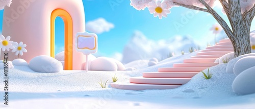 Whimsical landscape featuring a colorful archway and soft snow-covered surroundings under a bright blue sky.