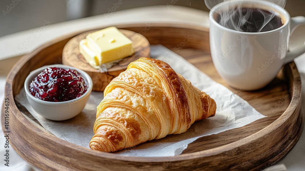 Golden Hour Breakfast: A warm, inviting image of a freshly baked croissant served with butter and jam, accompanied by a steaming cup of coffee, perfect for a relaxing and delightful morning.  