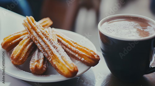 Close-up of a plate featuring delicious churros dusted with sugar alongside a cup of rich hot chocolate