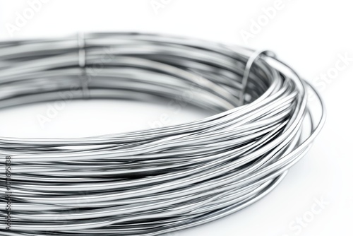 Close-up of shiny metallic wire coil on white background, showcasing industrial material and design elements for construction and crafting.