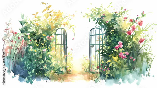 Fototapeta Naklejka Na Ścianę i Meble -  Watercolor painting of a garden gate opening to a secret garden, flowers in bloom, on a white background. Enchanted Garden. Illustration