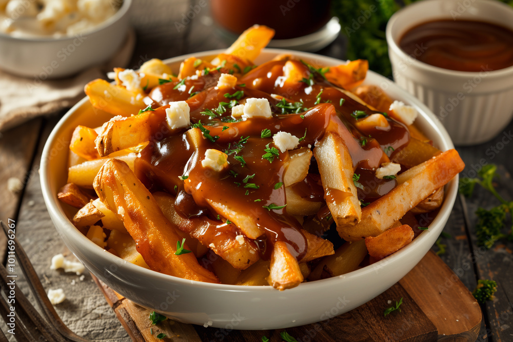 Canadian poutine. Potato fries with sauce. Canadian poutine. Potato fries with sauce.