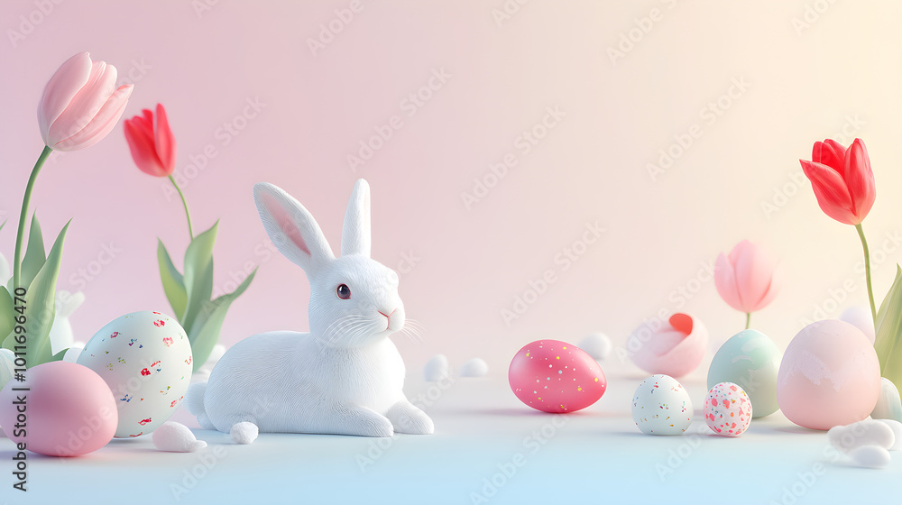 Obraz premium Flowering tulips and pastel-colored eggs surround a cute white bunny, creating a cheerful Easter-themed scene that captures joy and celebration