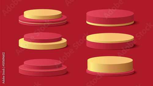 Collection of red and yellow podium platform to show product on white background. Podium for product display presentation. Vector illustration