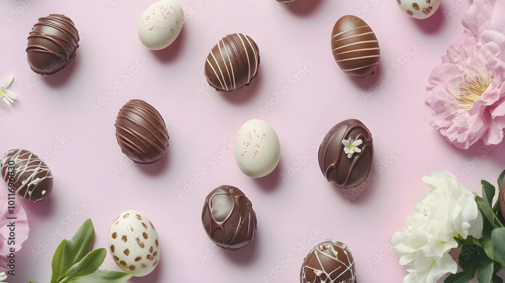 A flat lay of colorful Easter chocolates and eggs arranged artistically on a soft pink background surrounded by delicate flowers A flat lay of colorful Easter chocolates and eggs arranged artistically on a soft pink background surrounded by delicate flowers