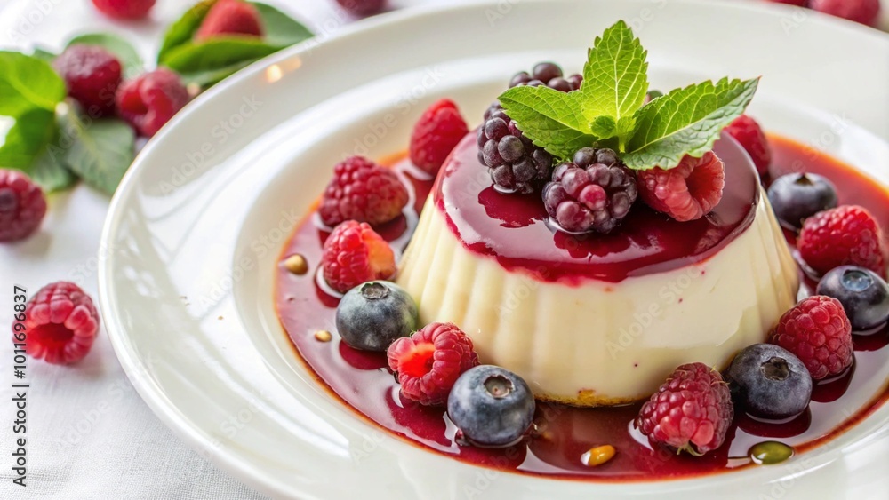 Creamy white dessert topped with fresh berries and a berry sauce on a white plate. Creamy white dessert topped with fresh berries and a berry sauce on a white plate.