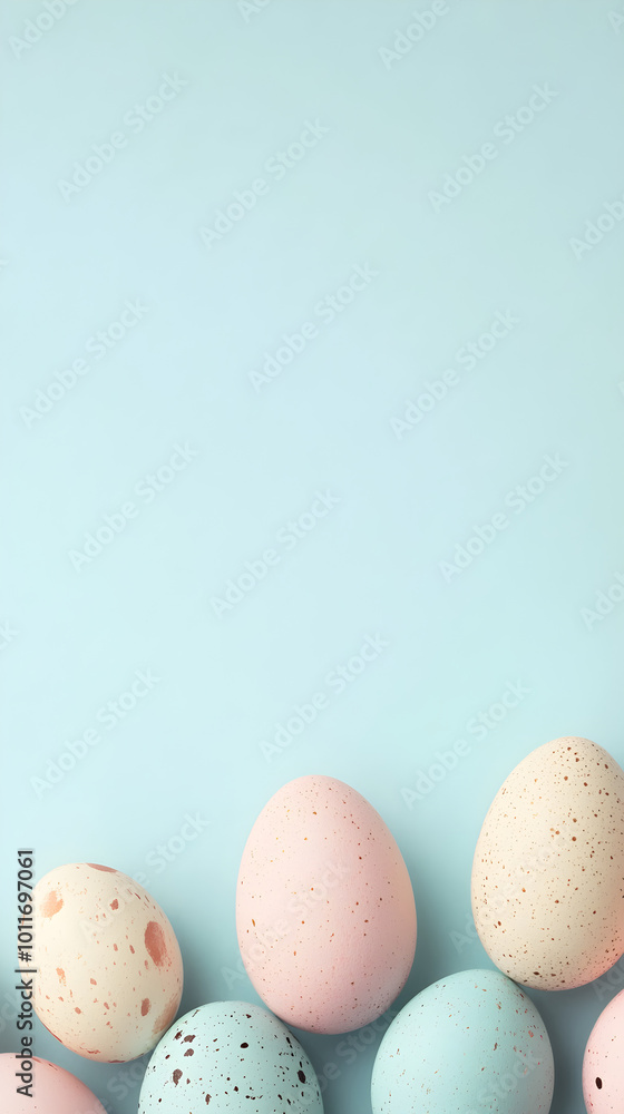 Softly colored easter eggs arranged on a pastel blue background create a minimalist and festive look, perfect for spring celebrations and seasonal themes Softly colored easter eggs arranged on a pastel blue background create a minimalist and festive look, perfect for spring celebrations and seasonal themes
