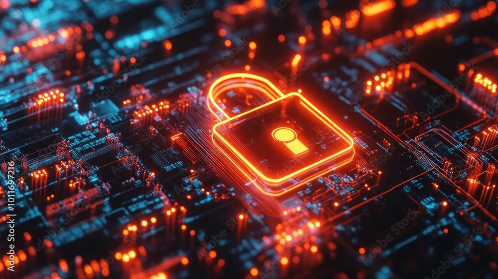 A digital lock symbolizing cybersecurity on a circuit board background. A digital lock symbolizing cybersecurity on a circuit board background.