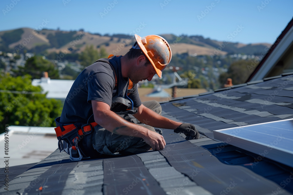 Rooftop repair workers. Rooftop repair workers.