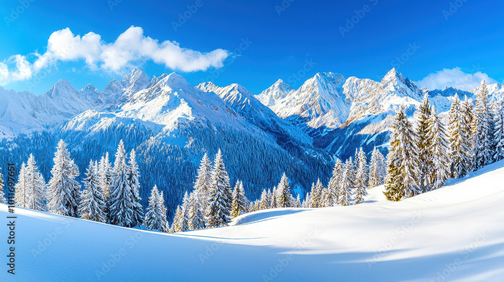 Snow-covered mountains under a clear blue sky with coniferous trees, creating a serene winter landscape Snow-covered mountains under a clear blue sky with coniferous trees, creating a serene winter landscape