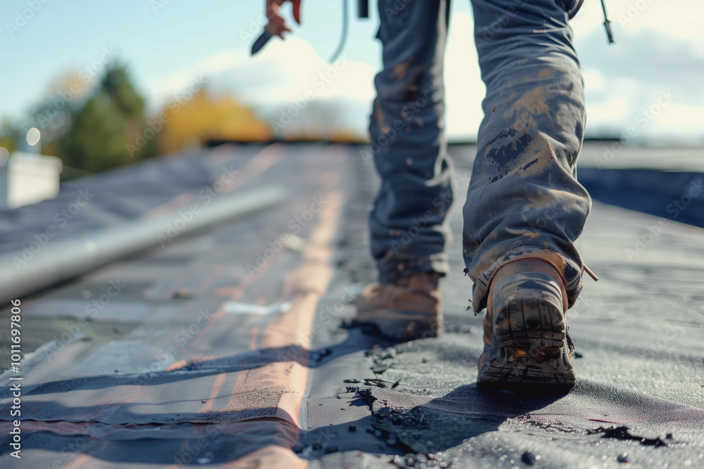 Rooftop repair workers. Rooftop repair workers.