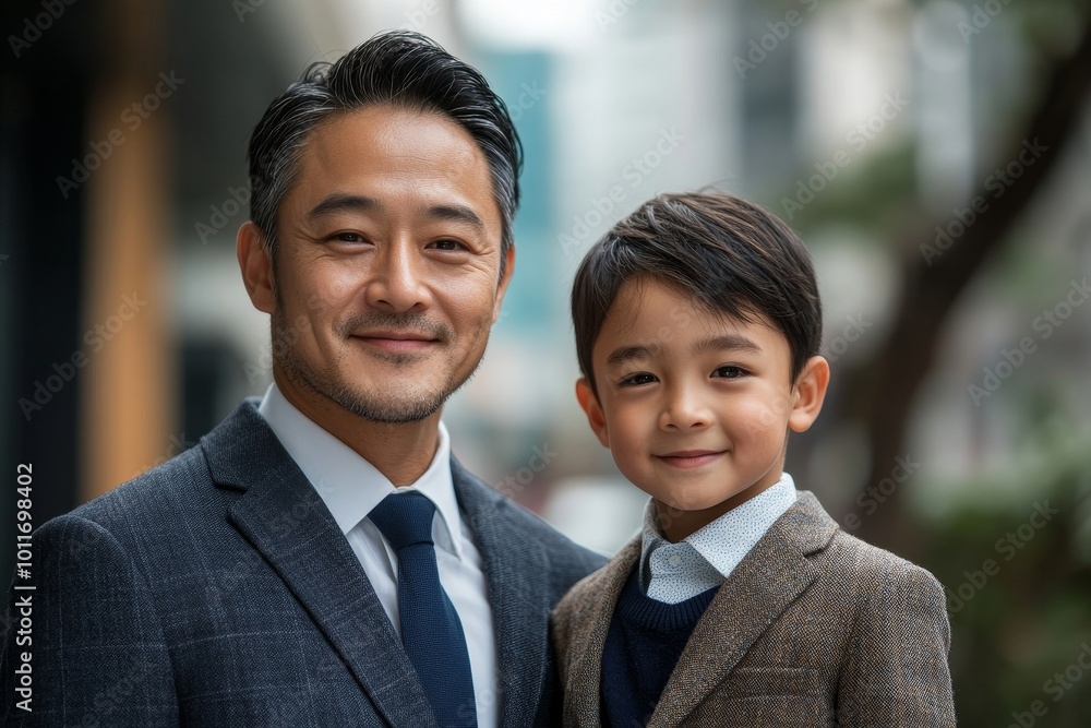 Portrait asian business man and his son on business district , lifestyle business people concept, Generative AI Portrait asian business man and his son on business district , lifestyle business people concept, Generative AI