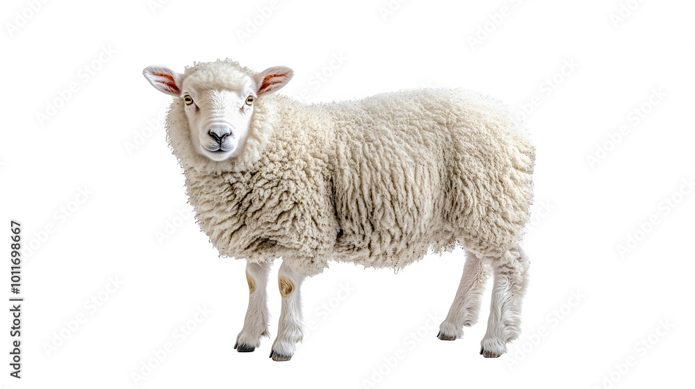 Adorable fluffy white sheep standing in a lush green pastoral countryside meadow. The sheep has a thick wooly fleece and is part of a herd grazing in the natural outdoor landscape. Adorable fluffy white sheep standing in a lush green pastoral countryside meadow. The sheep has a thick wooly fleece and is part of a herd grazing in the natural outdoor landscape.