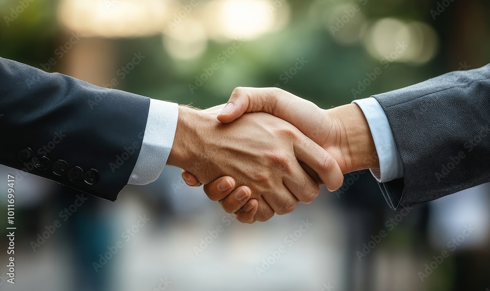 Two business people shaking hands and looking at each other with, Generative AI Two business people shaking hands and looking at each other with, Generative AI