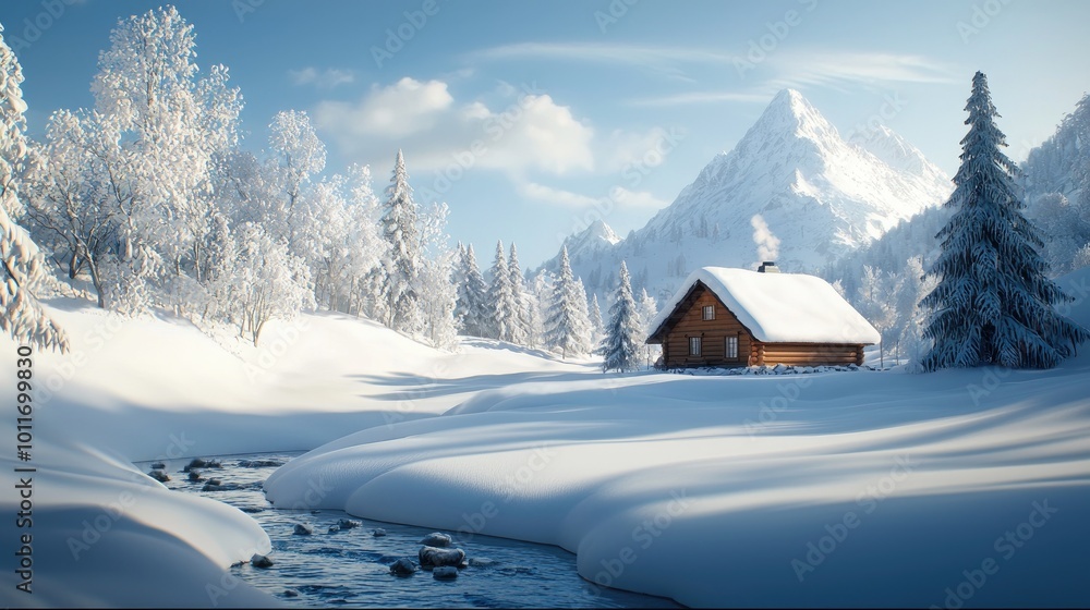 Naklejka premium Cozy Cabin in a Winter Wonderland Landscape
