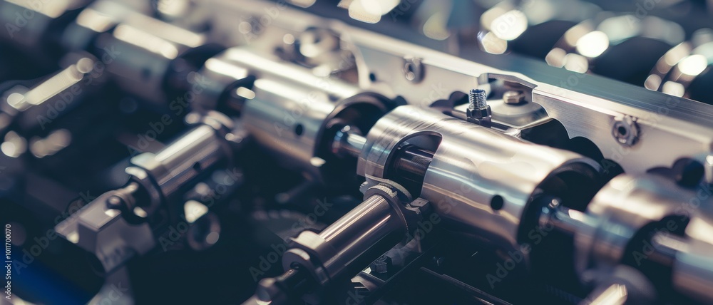 Naklejka premium Detailed view of complex industrial machinery parts with a focus on steel components.