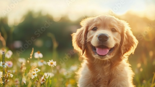 Adorable Golden Retriever Puppy in a Sunlit Field