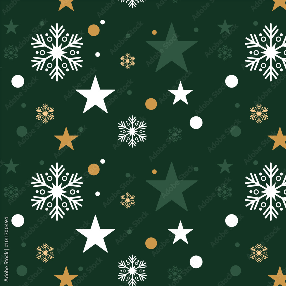 Elegant Seamless Snowflake and Star Vector Pattern on Green Background for Festive Holiday Projects. Elegant Seamless Snowflake and Star Vector Pattern on Green Background for Festive Holiday Projects.