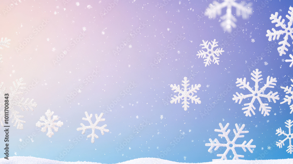 Winter wonderland scene featuring falling snowflakes against a gradient background of soft pastel colors, capturing a serene and magical atmosphere Winter wonderland scene featuring falling snowflakes against a gradient background of soft pastel colors, capturing a serene and magical atmosphere