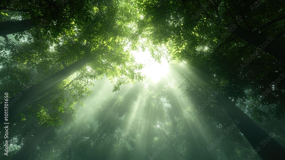 Misty Forest with Sunlight Breaking Through Trees Misty Forest with Sunlight Breaking Through Trees