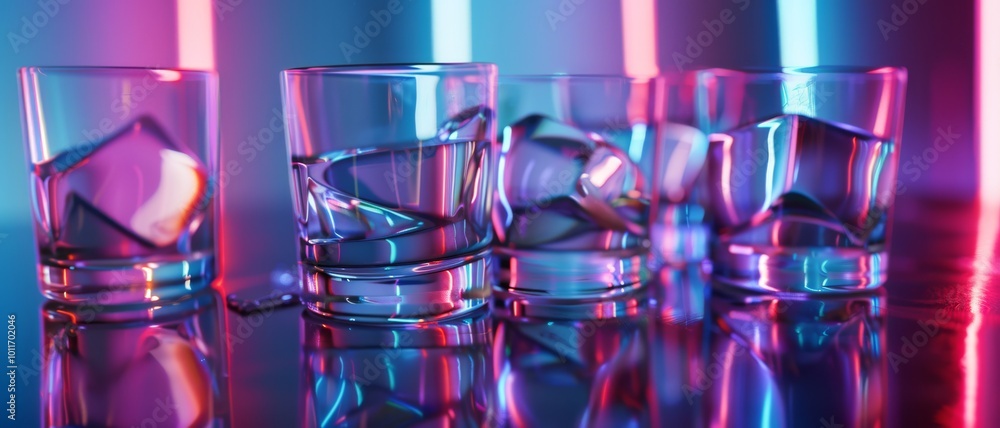 A series of ice-filled glasses on a bar counter reflect vibrant neon lights, highlighting a dynamic nightlife scene. A series of ice-filled glasses on a bar counter reflect vibrant neon lights, highlighting a dynamic nightlife scene.
