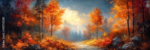 A misty autumn forest with vibrant foliage and a path leading into the distance.