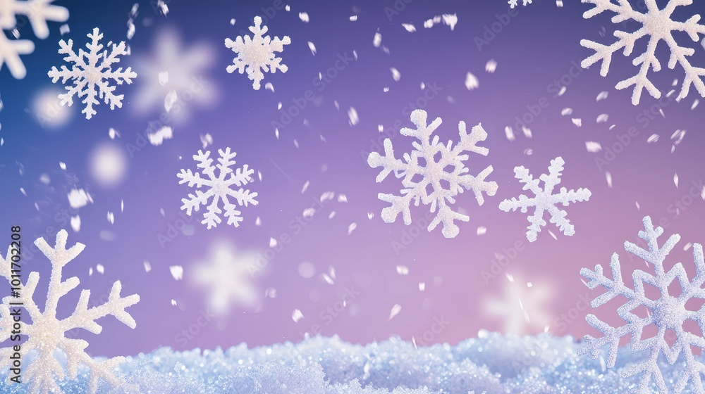 Sparkling snowflakes falling against a soft purple background with light snowfall creating a winter wonderland atmosphere Sparkling snowflakes falling against a soft purple background with light snowfall creating a winter wonderland atmosphere