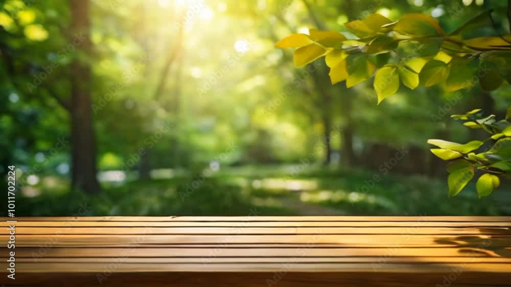 Empty wooden table sun rays trees green blurred background 