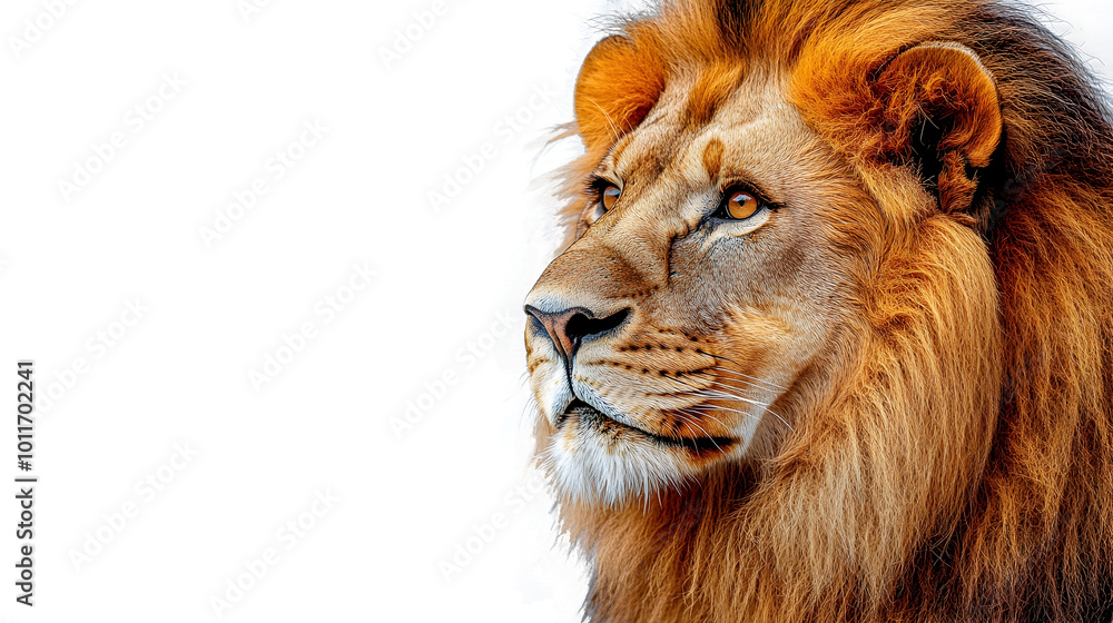 Naklejka premium Closeup Portrait of a Majestic Lion Showcasing its Powerful Presence,Regal Demeanor,and Fierce Gaze. The Lion,King of the Animal Kingdom,is Captured in All its Grandeur and Magnificence.