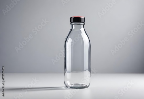 A clear glass bottle with a black cap on a reflective surface against a gray background