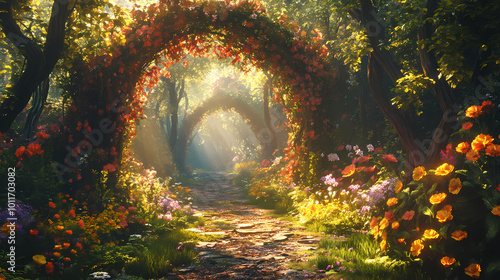 Unreal fantasy landscape with trees and flowers. garden of eden, exotic fairytale fantasy forest, green oasis. sunlight, shadows, creepers and an arch. 3d illustration. Enchanted Garden. Illustration