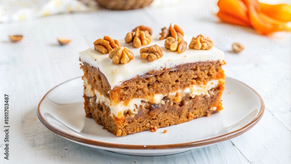 A slice of carrot cake with cream cheese frosting and pecan nuts on a white plate. A slice of carrot cake with cream cheese frosting and pecan nuts on a white plate.