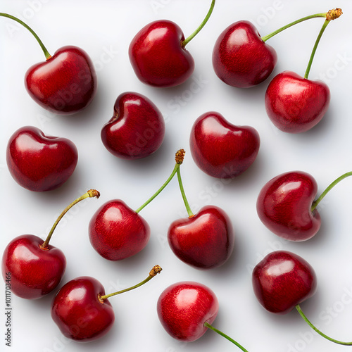 Red Cherry fresh berry pattern from flat view isolated on white background, summer fruit
