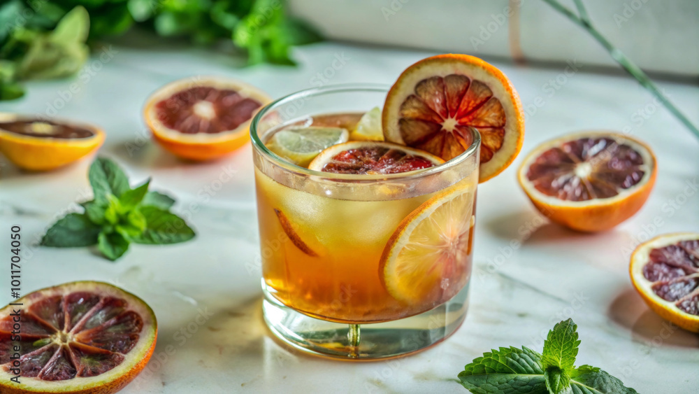 A refreshing cocktail sits on a table surrounded by slices of blood orange and mint leaves. The drink is garnished with citrus slices and ice cubes, enhancing its vibrant appearance.AI generated. A refreshing cocktail sits on a table surrounded by slices of blood orange and mint leaves. The drink is garnished with citrus slices and ice cubes, enhancing its vibrant appearance.AI generated.