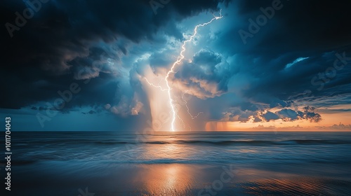 A dramatic image of a lightning storm over the ocean, showing the combined power of water and electricity, lightning over ocean, natural forces colliding