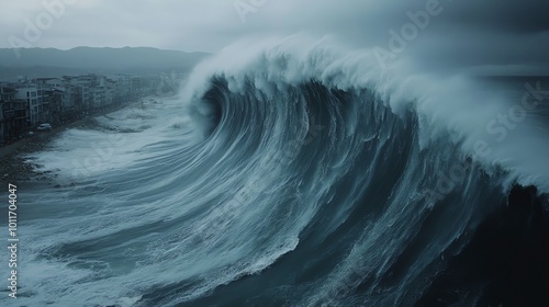 A dramatic image of a tsunami wave approaching the shore, showing the destructive power of water, tsunami wave, water destruction